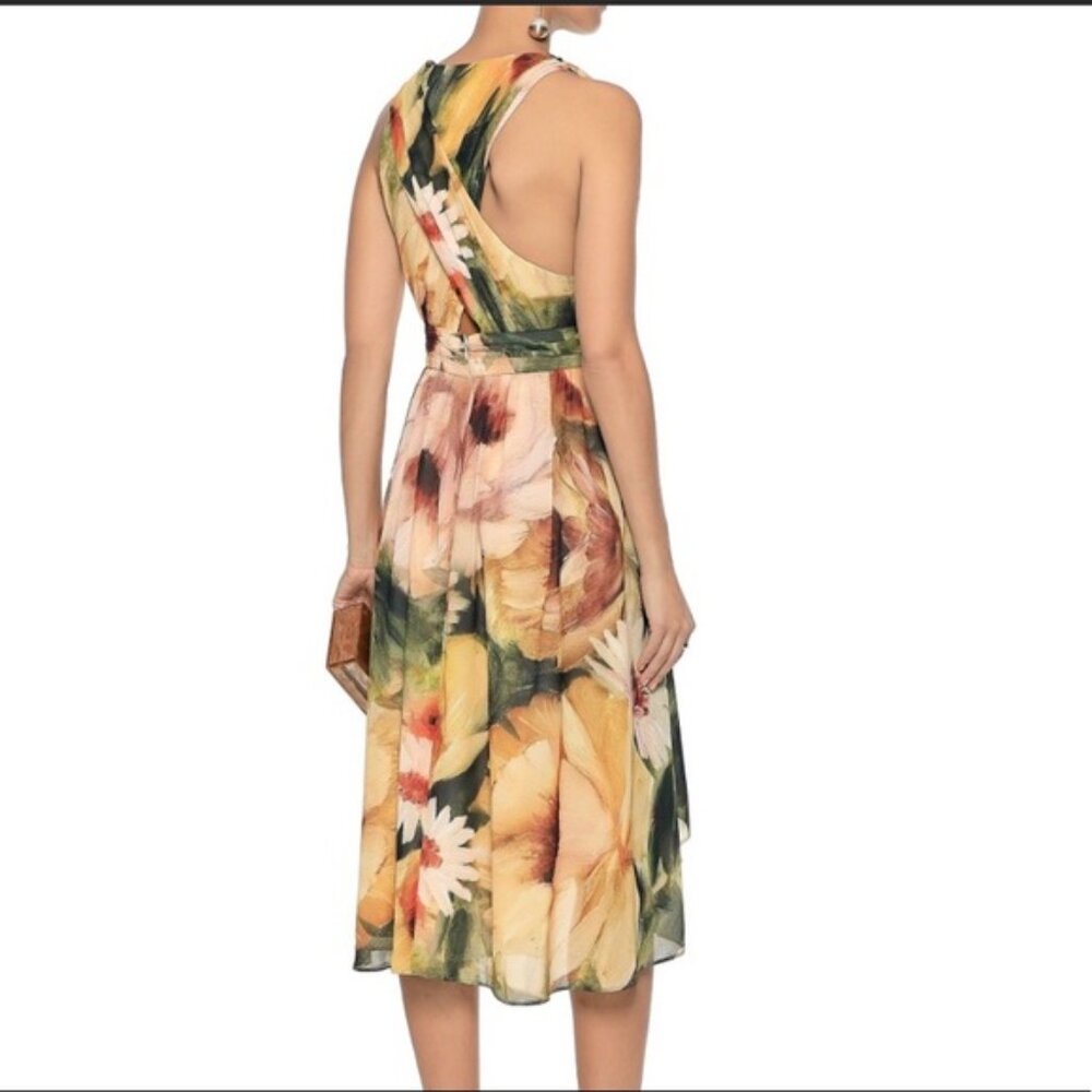 Haute Hippies Plunge Sunflower V Neck Draped Midi A Line Chiffon Crepe Dress - Picture 3 of 12